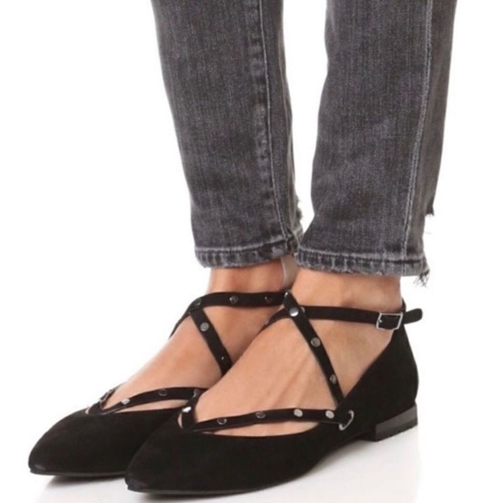 Rebecca Minkoff Black Hexagon Heel Strappy Rivet Pointed Toe Suede Leather Flats